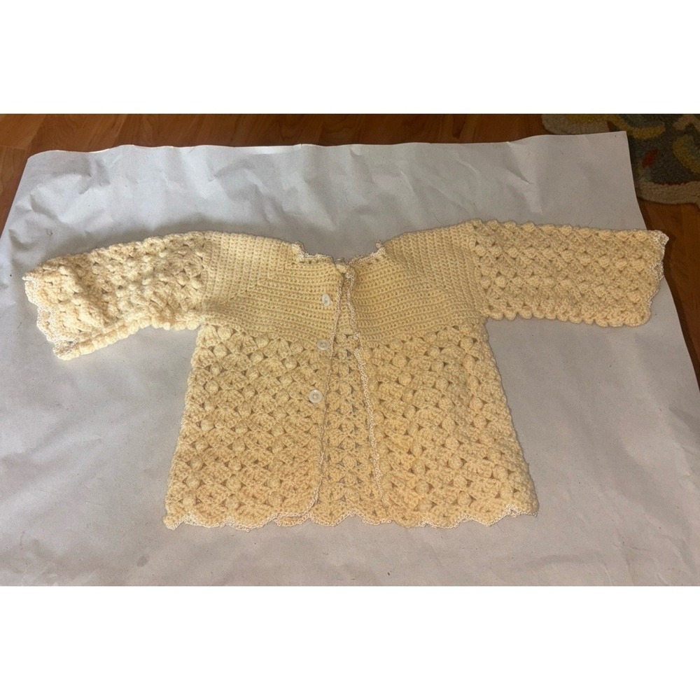 Vintage 1960s Hand Knit Baby or Doll Sweater Cardigan Ivory